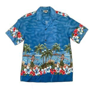 Vintage Pacific Legend Blue Hula Parrots Palm Tree Beach Hawaiian Vacati…
